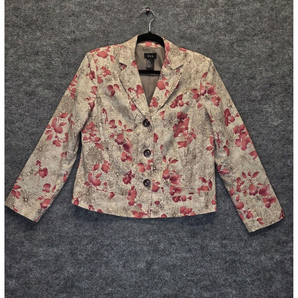 RQT Blazer Womens 14 Beige Pink Floral Linen Cotton Lined 3 Button Career Jacket